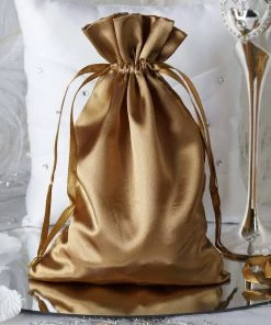 HIER_5350 Tabletop Decor 12 Pack | 6" Antique Gold Satin Drawstring Wedding Party Favor Bags