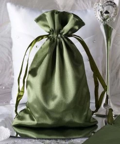 HIER_5350 12 Pack | 6" Olive Green Satin Drawstring Wedding Party Favor Gift Bag Tabletop Decor