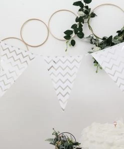 HIER_3300 7.5ft | Silver/White Chevron Print Triangle Pennant Flag Party Banner - Clearance SALE