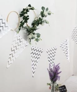 HIER_3300 7.5ft | Silver/White Chevron Print Triangle Pennant Flag Party Banner - Clearance SALE