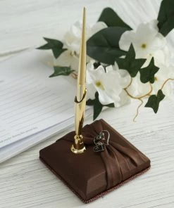 HIER_3900 Satin Chocolate Brown & Gold Handcrafted Event Guest Pen Holder Set - Clearance SALE