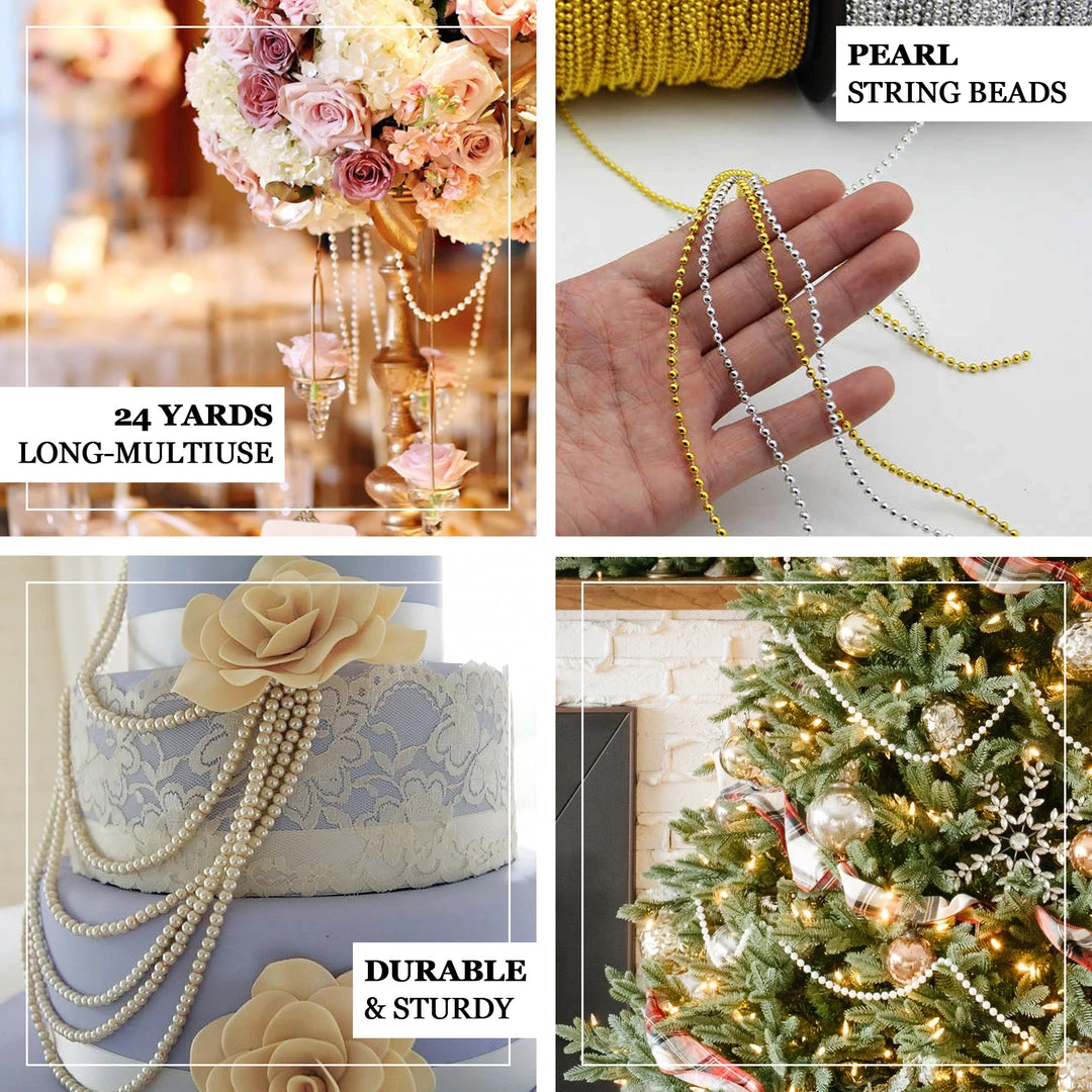 HIER_5170 Chargers & Centerpieces 24 Yards | 3mm Metallic Gold Faux Craft Pearl String Beads Garland 4 HIER_5170 Chargers & Centerpieces 24 Yards | 3mm Metallic Gold Faux Craft Pearl String Beads Garland