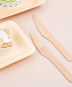 HIER_5460 Disposable Dinnerware 100 Pack | 7" Eco Friendly Birchwood Disposable Picnic Knives, Cutlery