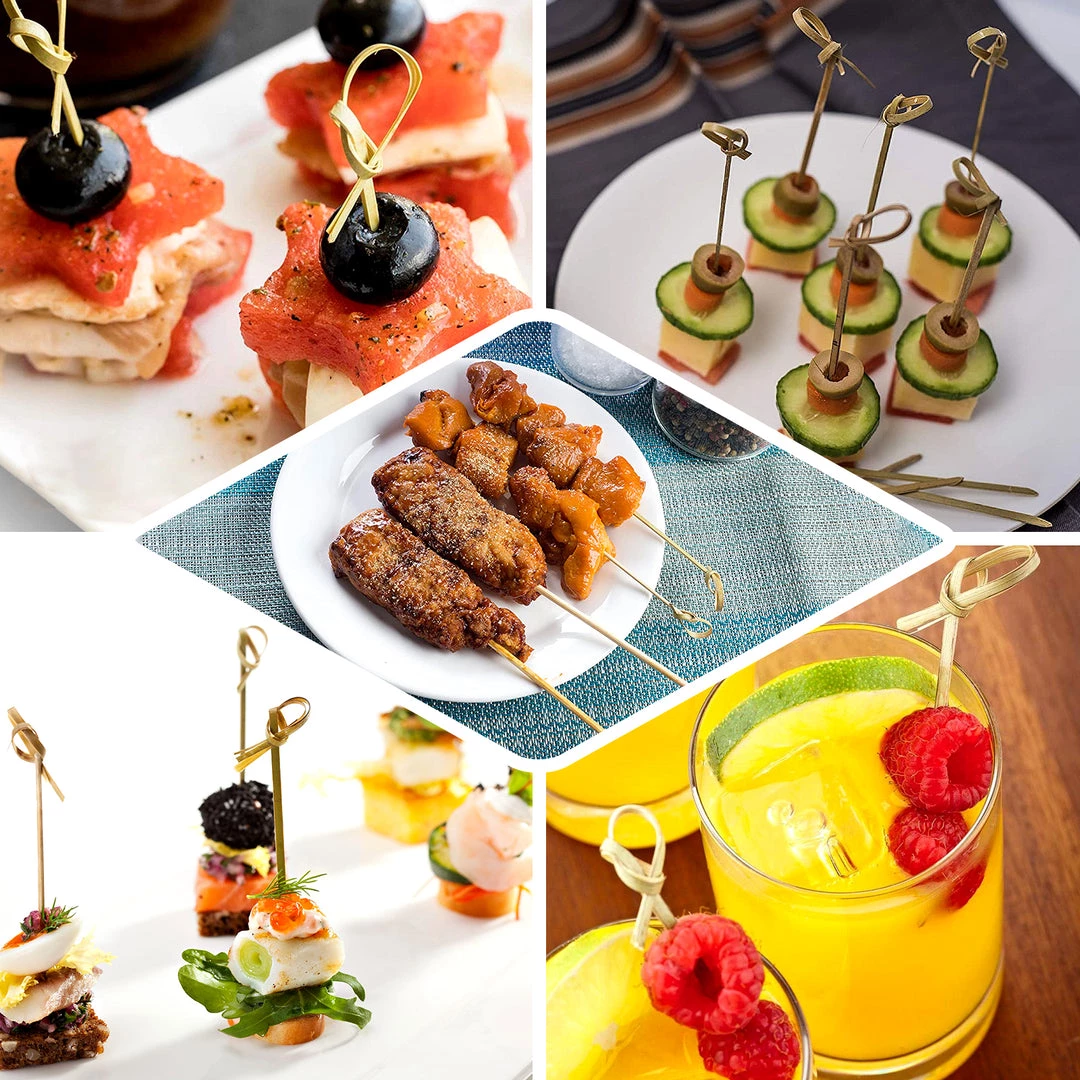 HIER_5410 100 Pack | 6" Eco Friendly Twisted Knot Party Picks, Bamboo Skewers, Decorative Top Cocktail Sticks 5 HIER_5410 100 Pack | 6" Eco Friendly Twisted Knot Party Picks, Bamboo Skewers, Decorative Top Cocktail Sticks