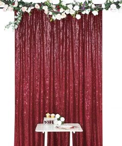 HIER_3110 8ftx8ft Burgundy Sequin Photography Booth Backdrop Semi-Sheer Curtain
