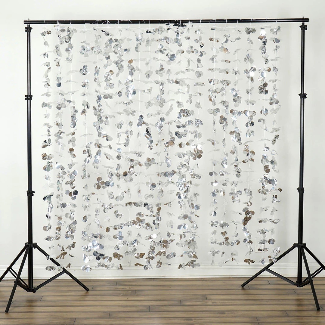 HIER_3110 Big Event Backdrops & Décor 6ft Metallic Silver Foil Hanging Flower Garland Backdrop Curtain 1 HIER_3110 Big Event Backdrops & Décor 6ft Metallic Silver Foil Hanging Flower Garland Backdrop Curtain