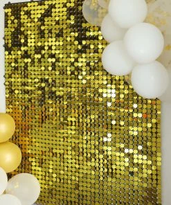 HIER_3400 10 Panels | Ritzy Gold Sequin Shimmer Wall Backdrop Panels, Round Sequin Party Backdrop, Active Spangle Wall Art Décor - 12"x12"
