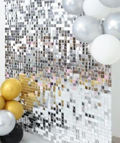HIER_3400 10 Panels | Ritzy Silver Square Sequin Wall Party Backdrop Panels, Shimmer Backdrop, Active Spangle Wall Art Décor - 12"x12"