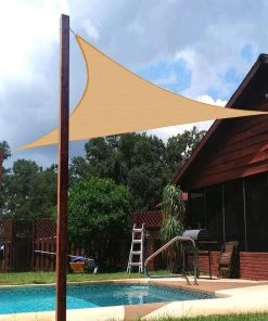 HIER_3130 10ftx10ftx14ft Tan Triangular UV Blocking Sun Shade Sail, Patio Canopy Hanging Ceiling Decorations