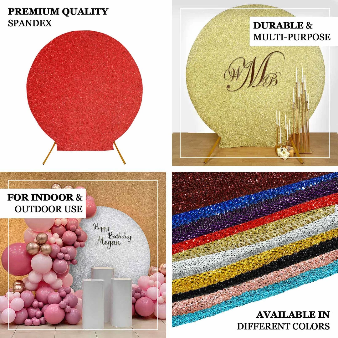 HIER_3110 7.5ft Gold 2-Sided Shimmer Fitted Round Wedding Arch Cover Metallic Glittered Spandex Round Backdrop 4 HIER_3110 7.5ft Gold 2-Sided Shimmer Fitted Round Wedding Arch Cover Metallic Glittered Spandex Round Backdrop