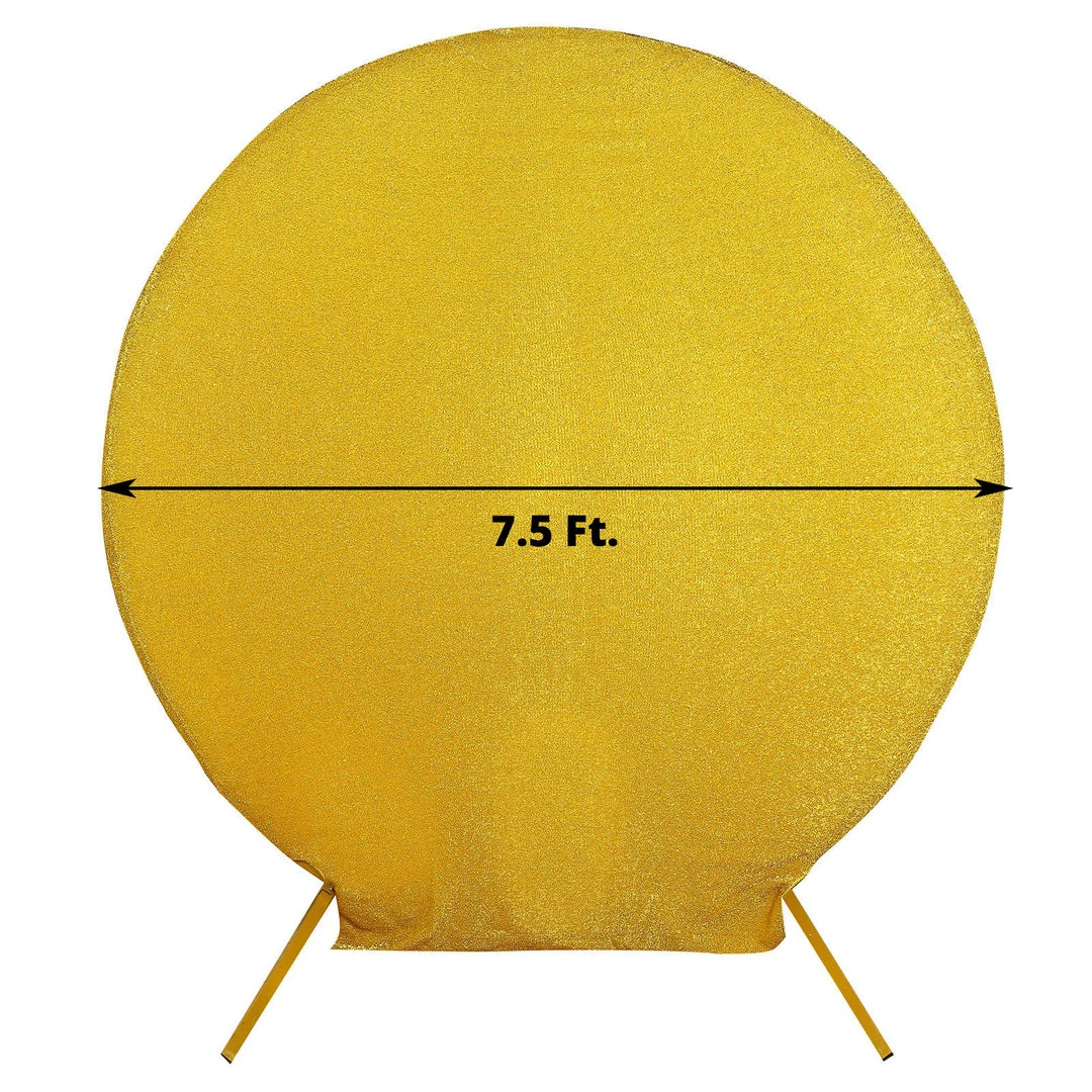 HIER_3110 7.5ft Gold 2-Sided Shimmer Fitted Round Wedding Arch Cover Metallic Glittered Spandex Round Backdrop 3 HIER_3110 7.5ft Gold 2-Sided Shimmer Fitted Round Wedding Arch Cover Metallic Glittered Spandex Round Backdrop