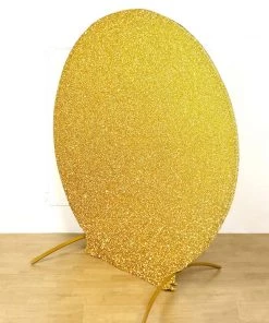 HIER_3110 7.5ft Gold 2-Sided Shimmer Fitted Round Wedding Arch Cover Metallic Glittered Spandex Round Backdrop