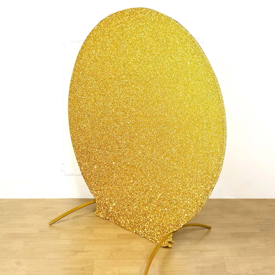 HIER_3110 7.5ft Gold 2-Sided Shimmer Fitted Round Wedding Arch Cover Metallic Glittered Spandex Round Backdrop 2 HIER_3110 7.5ft Gold 2-Sided Shimmer Fitted Round Wedding Arch Cover Metallic Glittered Spandex Round Backdrop