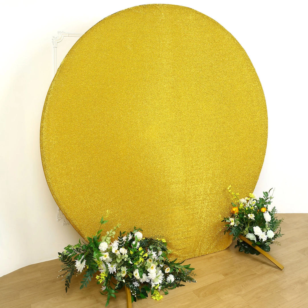HIER_3110 7.5ft Gold 2-Sided Shimmer Fitted Round Wedding Arch Cover Metallic Glittered Spandex Round Backdrop 9 HIER_3110 7.5ft Gold 2-Sided Shimmer Fitted Round Wedding Arch Cover Metallic Glittered Spandex Round Backdrop