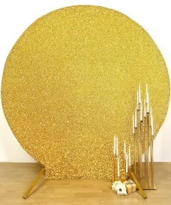HIER_3110 7.5ft Gold 2-Sided Shimmer Fitted Round Wedding Arch Cover Metallic Glittered Spandex Round Backdrop 19 HIER_3110 7.5ft Gold 2-Sided Shimmer Fitted Round Wedding Arch Cover Metallic Glittered Spandex Round Backdrop