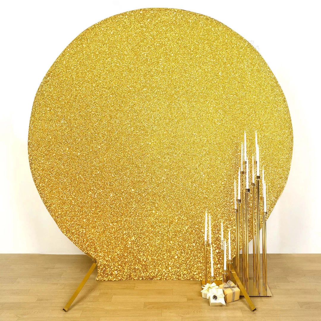 HIER_3110 7.5ft Gold 2-Sided Shimmer Fitted Round Wedding Arch Cover Metallic Glittered Spandex Round Backdrop 7 HIER_3110 7.5ft Gold 2-Sided Shimmer Fitted Round Wedding Arch Cover Metallic Glittered Spandex Round Backdrop