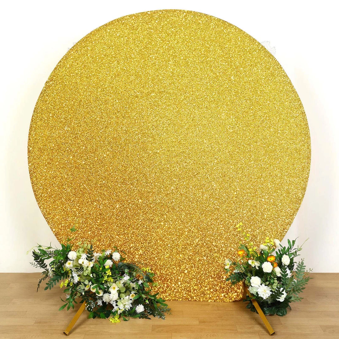 HIER_3110 7.5ft Gold 2-Sided Shimmer Fitted Round Wedding Arch Cover Metallic Glittered Spandex Round Backdrop 1 HIER_3110 7.5ft Gold 2-Sided Shimmer Fitted Round Wedding Arch Cover Metallic Glittered Spandex Round Backdrop