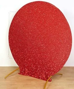 HIER_3110 7.5ft Red 2-Sided Shimmer Fitted Round Wedding Arch Cover Metallic Glittered Spandex Round Backdrop