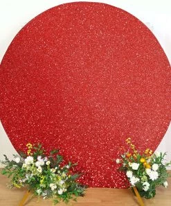 HIER_3110 7.5ft Red 2-Sided Shimmer Fitted Round Wedding Arch Cover Metallic Glittered Spandex Round Backdrop