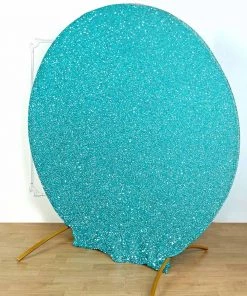 HIER_3110 Backdrop Panels 7.5ft Turquoise 2-Sided Shimmer Fitted Round Wedding Arch Cover Metallic Glittered Spandex Round Backdrop
