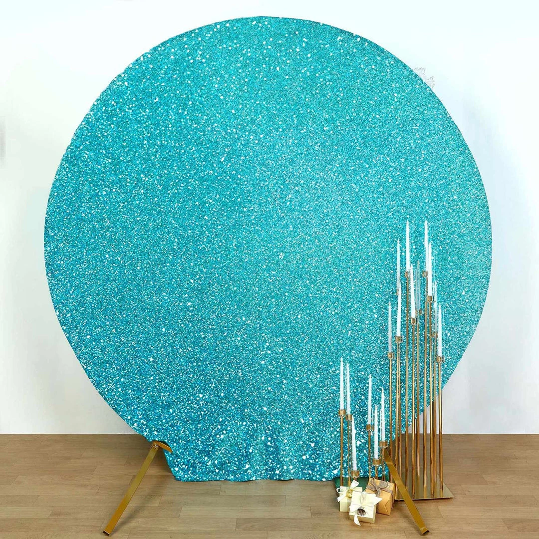 HIER_3110 Backdrop Panels 7.5ft Turquoise 2-Sided Shimmer Fitted Round Wedding Arch Cover Metallic Glittered Spandex Round Backdrop 7 HIER_3110 Backdrop Panels 7.5ft Turquoise 2-Sided Shimmer Fitted Round Wedding Arch Cover Metallic Glittered Spandex Round Backdrop