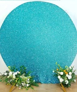 HIER_3110 Backdrop Panels 7.5ft Turquoise 2-Sided Shimmer Fitted Round Wedding Arch Cover Metallic Glittered Spandex Round Backdrop