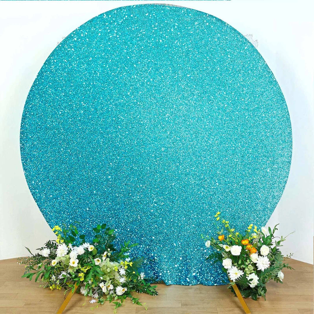 HIER_3110 Backdrop Panels 7.5ft Turquoise 2-Sided Shimmer Fitted Round Wedding Arch Cover Metallic Glittered Spandex Round Backdrop 1 HIER_3110 Backdrop Panels 7.5ft Turquoise 2-Sided Shimmer Fitted Round Wedding Arch Cover Metallic Glittered Spandex Round Backdrop