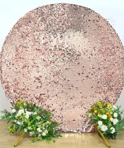 HIER_3110 7.5ft Blush/Rose Gold Big Payette Sparkle Sequin Round Wedding Arch Cover, Shiny Shimmer Backdrop Stand Cover - 2-Sided Custom Fit
