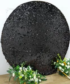 HIER_3110 Backdrop Panels 7.5ft Black Big Payette Sparkle Sequin Round Wedding Arch Cover, Shiny Shimmer Backdrop Stand Cover - 2-Sided Custom Fit