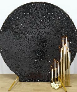 HIER_3110 Backdrop Panels 7.5ft Black Big Payette Sparkle Sequin Round Wedding Arch Cover, Shiny Shimmer Backdrop Stand Cover - 2-Sided Custom Fit