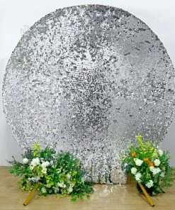 HIER_3110 Backdrop Panels 7.5ft Silver Big Payette Sparkle Sequin Round Wedding Arch Cover, Shiny Shimmer Backdrop Stand Cover - 2-Sided Custom Fit
