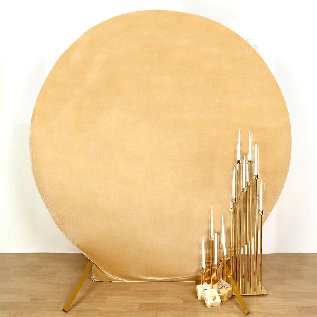 HIER_3110 7.5ft Champagne Soft Velvet Round Backdrop Stand Cover, Fitted Wedding Arch Cover - 2-Sided 5 HIER_3110 7.5ft Champagne Soft Velvet Round Backdrop Stand Cover, Fitted Wedding Arch Cover - 2-Sided