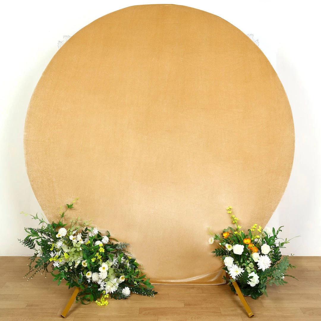 HIER_3110 7.5ft Champagne Soft Velvet Round Backdrop Stand Cover, Fitted Wedding Arch Cover - 2-Sided 1 HIER_3110 7.5ft Champagne Soft Velvet Round Backdrop Stand Cover, Fitted Wedding Arch Cover - 2-Sided