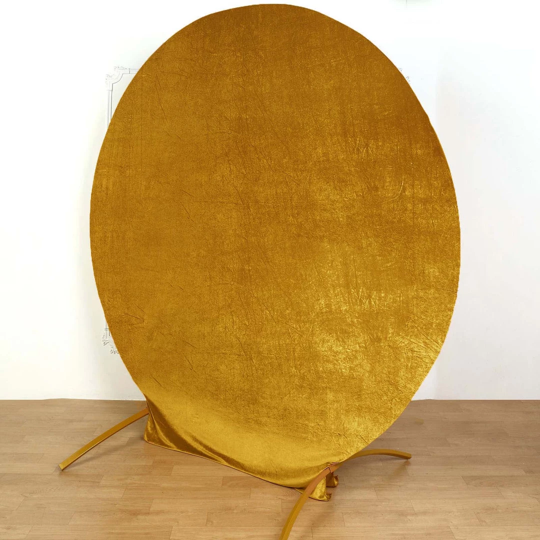 HIER_3110 7.5ft Metallic Gold Soft Velvet Round Backdrop Stand Cover, Fitted Wedding Arch Cover - 2-Sided Backdrop Panels 2 HIER_3110 7.5ft Metallic Gold Soft Velvet Round Backdrop Stand Cover, Fitted Wedding Arch Cover - 2-Sided Backdrop Panels