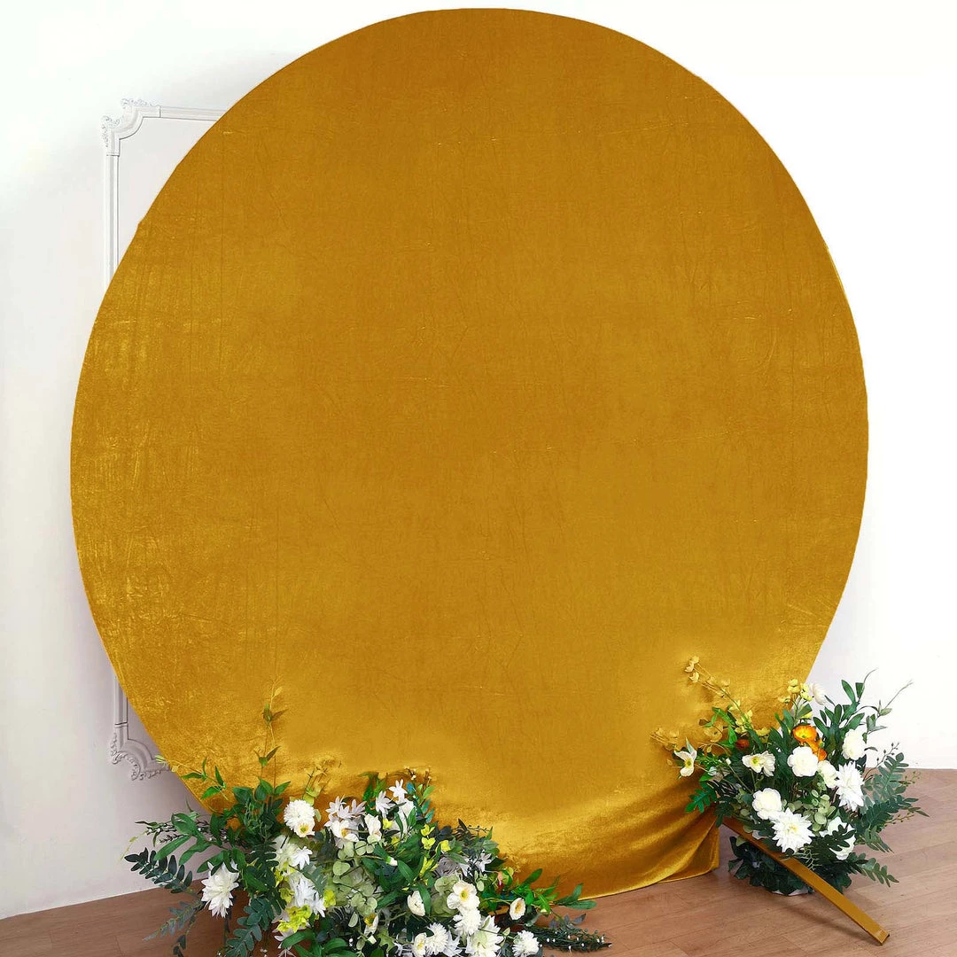 HIER_3110 7.5ft Metallic Gold Soft Velvet Round Backdrop Stand Cover, Fitted Wedding Arch Cover - 2-Sided Backdrop Panels 7 HIER_3110 7.5ft Metallic Gold Soft Velvet Round Backdrop Stand Cover, Fitted Wedding Arch Cover - 2-Sided Backdrop Panels