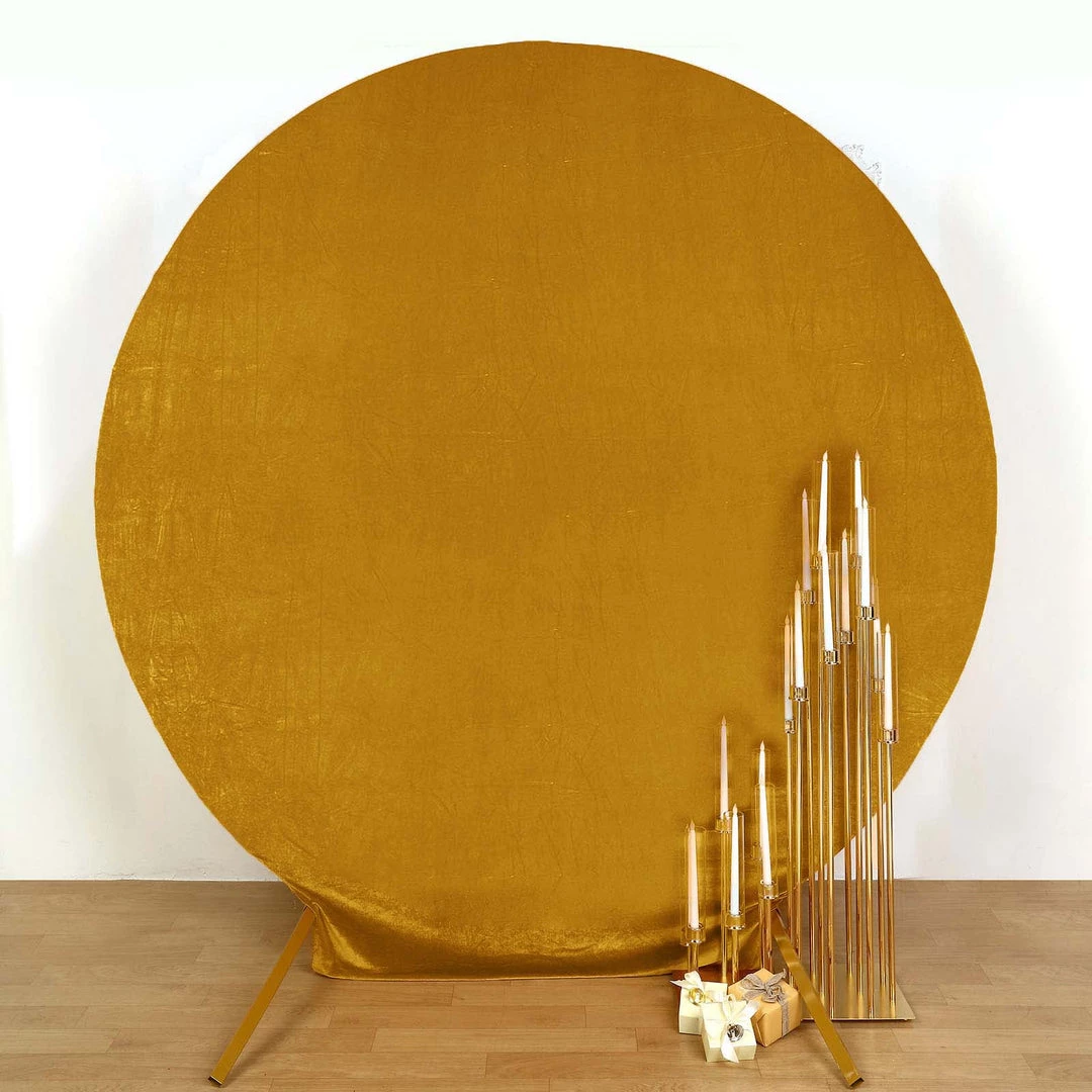 HIER_3110 7.5ft Metallic Gold Soft Velvet Round Backdrop Stand Cover, Fitted Wedding Arch Cover - 2-Sided Backdrop Panels 6 HIER_3110 7.5ft Metallic Gold Soft Velvet Round Backdrop Stand Cover, Fitted Wedding Arch Cover - 2-Sided Backdrop Panels