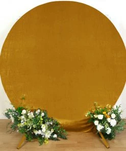 HIER_3110 7.5ft Metallic Gold Soft Velvet Round Backdrop Stand Cover, Fitted Wedding Arch Cover - 2-Sided Backdrop Panels