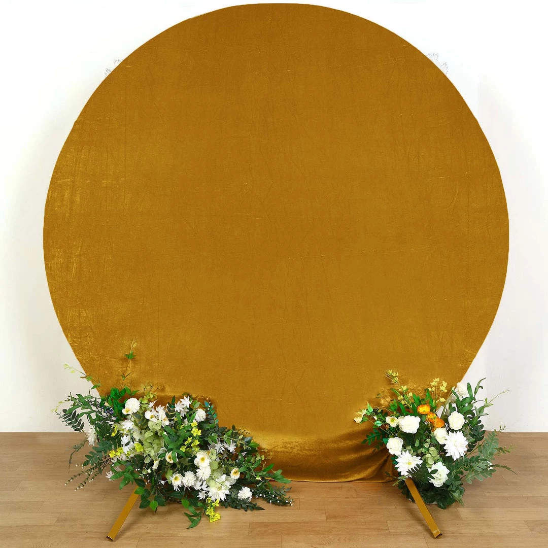HIER_3110 7.5ft Metallic Gold Soft Velvet Round Backdrop Stand Cover, Fitted Wedding Arch Cover - 2-Sided Backdrop Panels 1 HIER_3110 7.5ft Metallic Gold Soft Velvet Round Backdrop Stand Cover, Fitted Wedding Arch Cover - 2-Sided Backdrop Panels