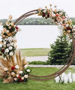 HIER_3630 Big Event Backdrops & Décor 8ft Natural Brown Wood DIY Round Wedding Arch Backdrop Stand, Rustic Photo Backdrop Stand