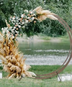 HIER_3630 Big Event Backdrops & Décor 8ft Natural Brown Wood DIY Round Wedding Arch Backdrop Stand, Rustic Photo Backdrop Stand