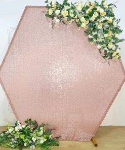 HIER_3110 Big Event Backdrops & Décor 8ftx7ft Blush/Rose Gold Sparkle Sequin Hexagon Wedding Arch Cover, Shiny Shimmer Backdrop Stand Cover - 2-Sided Custom Fit