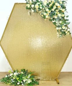 HIER_3110 Backdrop Panels 8ftx7ft Metallic Gold Sparkle Sequin Hexagon Wedding Arch Cover, Shiny Shimmer Backdrop Stand Cover - 2-Sided Custom Fit