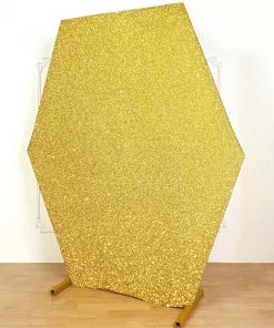 HIER_3110 Backdrop Panels 8ft Gold 2-Sided Shimmer Fitted Hexagon Wedding Backdrop Cover Metallic Glittered Spandex Hexagon Backdrop