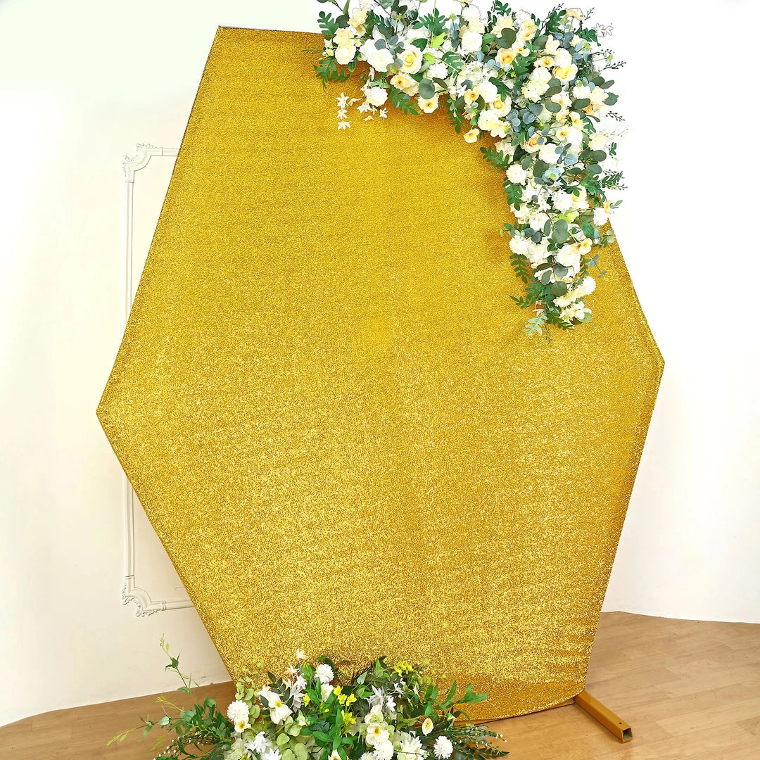 HIER_3110 Backdrop Panels 8ft Gold 2-Sided Shimmer Fitted Hexagon Wedding Backdrop Cover Metallic Glittered Spandex Hexagon Backdrop 7 HIER_3110 Backdrop Panels 8ft Gold 2-Sided Shimmer Fitted Hexagon Wedding Backdrop Cover Metallic Glittered Spandex Hexagon Backdrop
