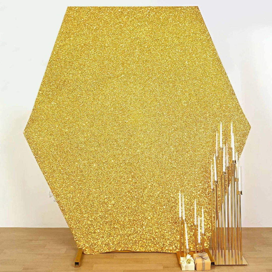 HIER_3110 Backdrop Panels 8ft Gold 2-Sided Shimmer Fitted Hexagon Wedding Backdrop Cover Metallic Glittered Spandex Hexagon Backdrop 4 HIER_3110 Backdrop Panels 8ft Gold 2-Sided Shimmer Fitted Hexagon Wedding Backdrop Cover Metallic Glittered Spandex Hexagon Backdrop