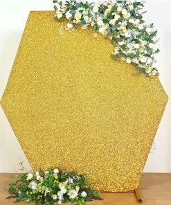 HIER_3110 Backdrop Panels 8ft Gold 2-Sided Shimmer Fitted Hexagon Wedding Backdrop Cover Metallic Glittered Spandex Hexagon Backdrop