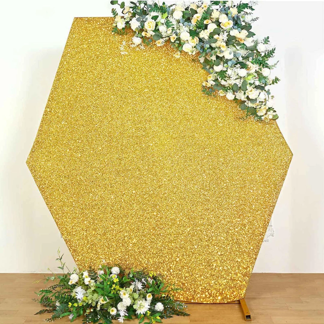 HIER_3110 Backdrop Panels 8ft Gold 2-Sided Shimmer Fitted Hexagon Wedding Backdrop Cover Metallic Glittered Spandex Hexagon Backdrop 1 HIER_3110 Backdrop Panels 8ft Gold 2-Sided Shimmer Fitted Hexagon Wedding Backdrop Cover Metallic Glittered Spandex Hexagon Backdrop