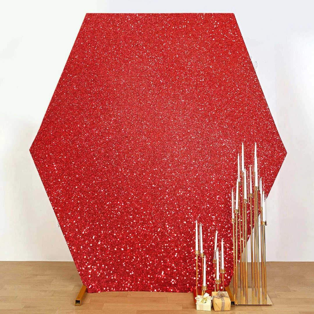 HIER_3110 Backdrop Panels 8ft Red 2-Sided Shimmer Fitted Hexagon Wedding Backdrop Cover Metallic Glittered Spandex Hexagon Backdrop 4 HIER_3110 Backdrop Panels 8ft Red 2-Sided Shimmer Fitted Hexagon Wedding Backdrop Cover Metallic Glittered Spandex Hexagon Backdrop