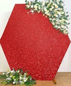 HIER_3110 Backdrop Panels 8ft Red 2-Sided Shimmer Fitted Hexagon Wedding Backdrop Cover Metallic Glittered Spandex Hexagon Backdrop