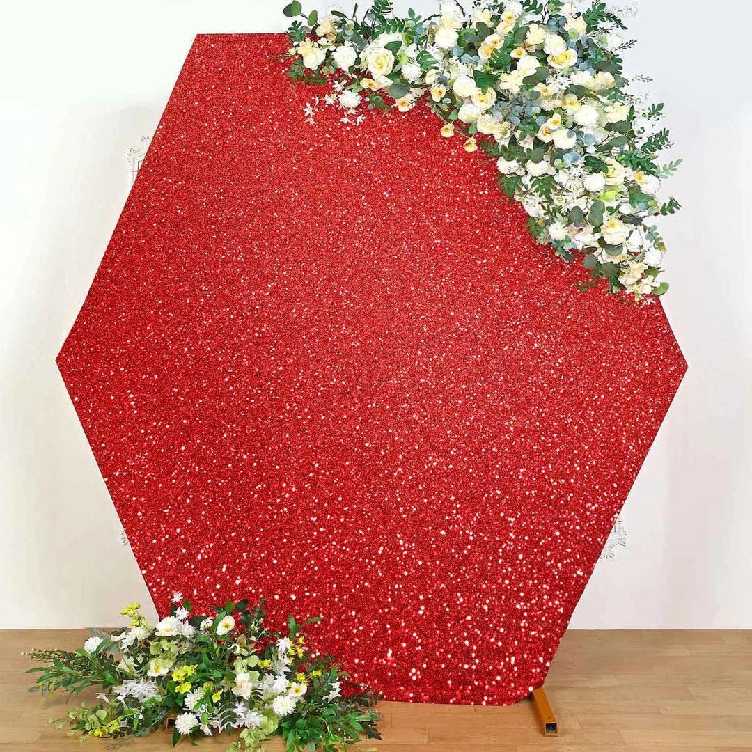 HIER_3110 Backdrop Panels 8ft Red 2-Sided Shimmer Fitted Hexagon Wedding Backdrop Cover Metallic Glittered Spandex Hexagon Backdrop 1 HIER_3110 Backdrop Panels 8ft Red 2-Sided Shimmer Fitted Hexagon Wedding Backdrop Cover Metallic Glittered Spandex Hexagon Backdrop